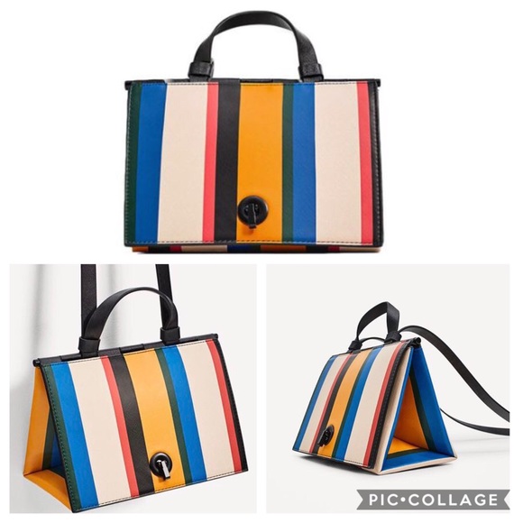 Zara Handbags - Zara Rare Multicolor Stripes Triangular City Bag